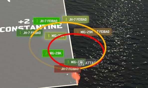 Visual of turn radius (MiG-29K & JH-7) Note colour is the same point in time.